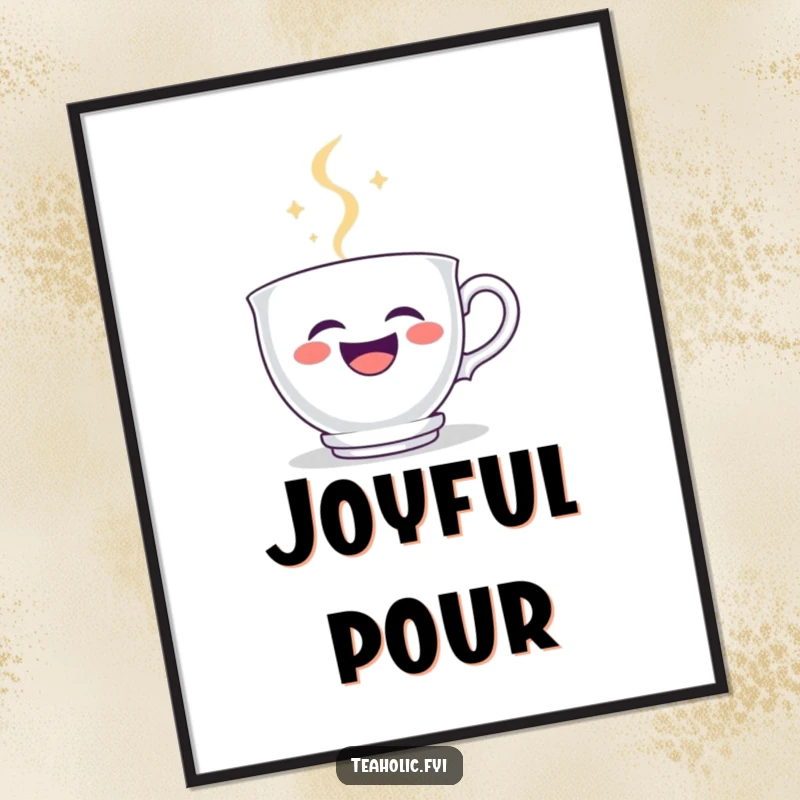 Funny teacup digital art print of a laughing teacup character, with steam forming a happy smiley face, radiating pure joy.