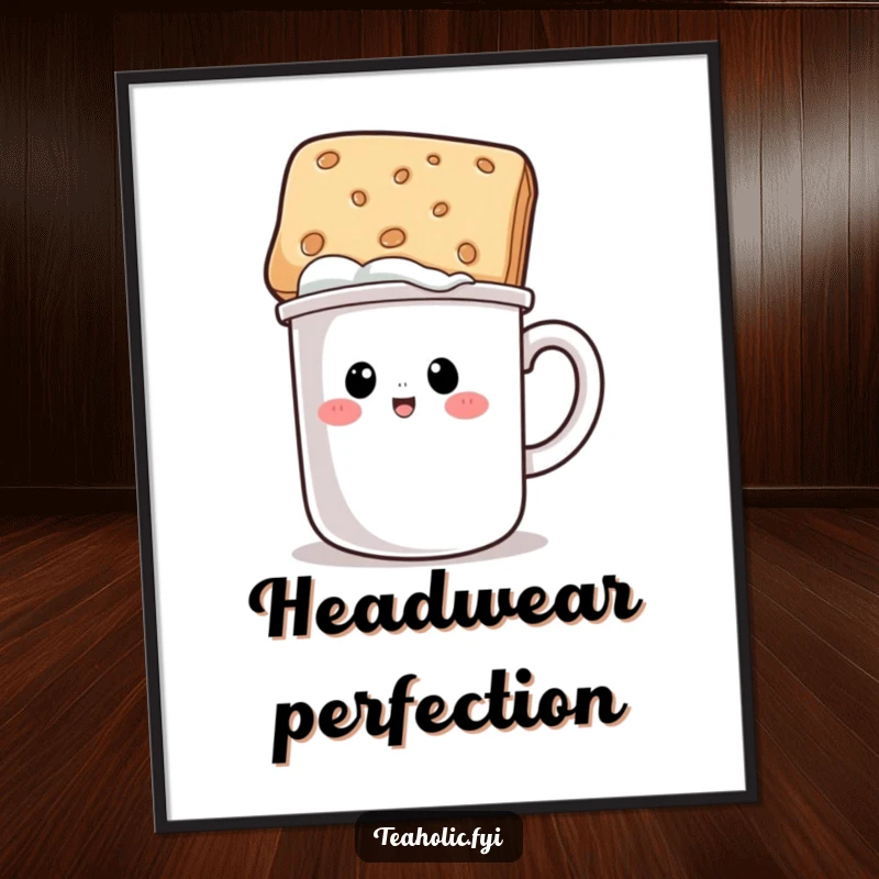 Funny digital art of a mug character comically wearing a biscuit hat, perfect for printing and displaying as a humorous statement piece.