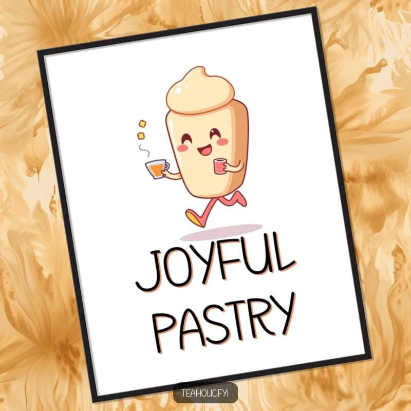 Funny pastry digital art print of a smiling pastry character happily skipping, holding a cup of tea with pure, unadulterated delight.