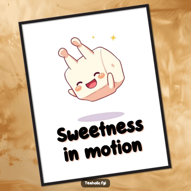 Funny sugar cube somersault digital art, a giggling character performing a joyful flip, printable wall art for a sweet and humorous touch.