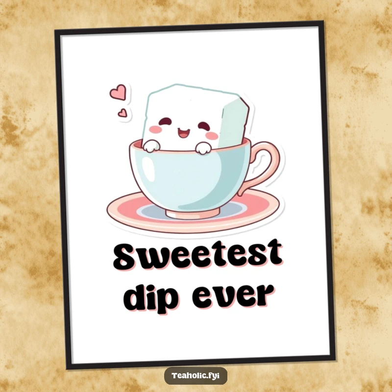 Funny digital art print of a happy sugar cube character swimming in a teacup, adding a touch of whimsy and humor.