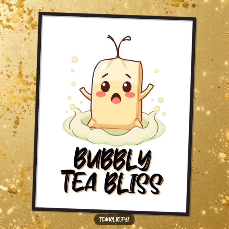 Funny surprised teabag character comically floating on a bubbly tea sea, as a downloadable humorous art print.