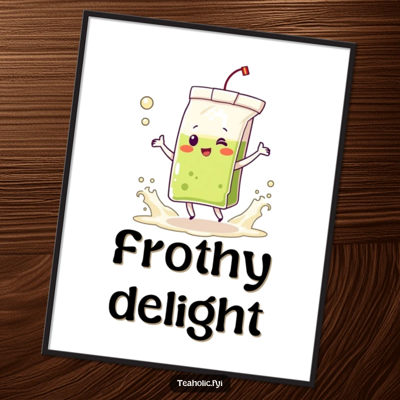 Funny digital art print of a delighted tea bag character dancing amidst frothing tea waves, perfect for adding lively humor.