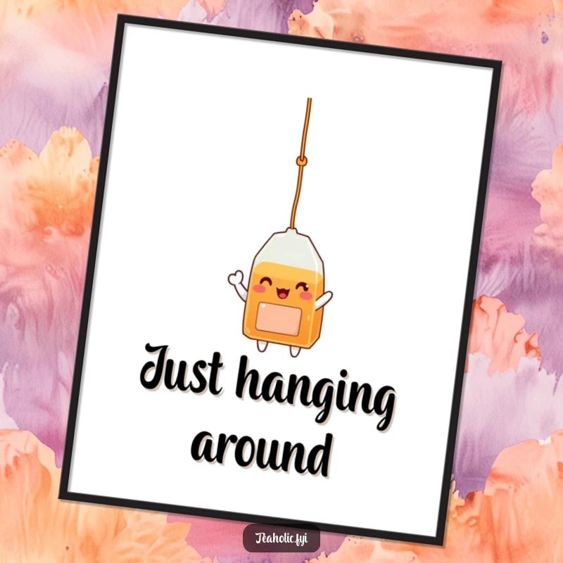 Funny digital art print of a delighted tea bag character dangling and waving, ideal for vibrant online or screen displays.