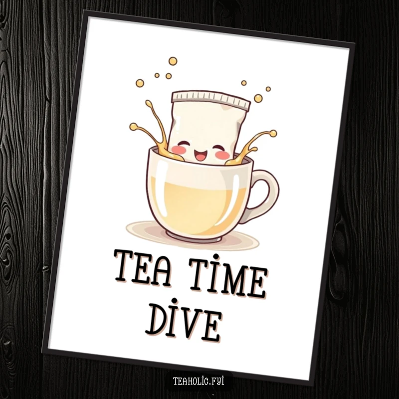 Funny Digital Art Print: Happy tea bag character splashing playfully in a steaming mug, instant joy for walls.