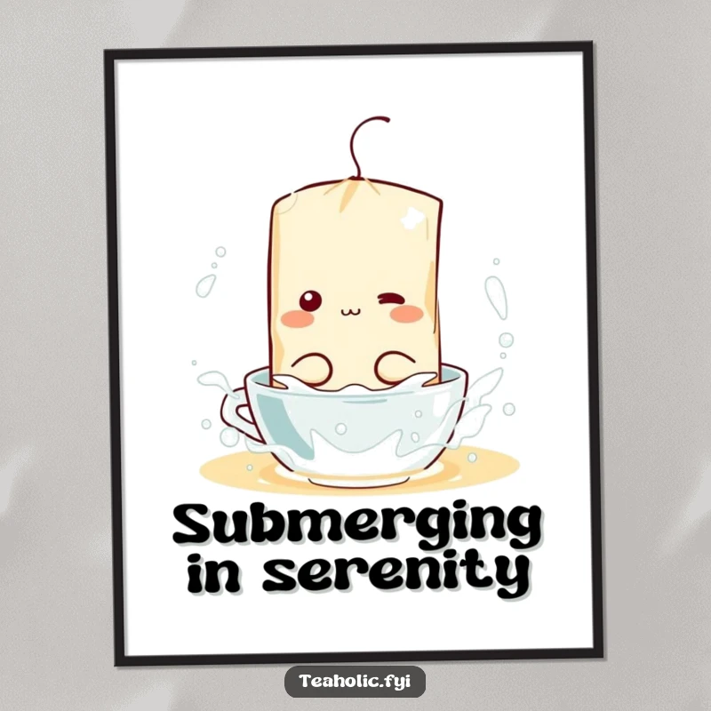 Funny digital art print of a happy tea bag character splashing exuberantly in a hot water mug, vibrant and humorous.