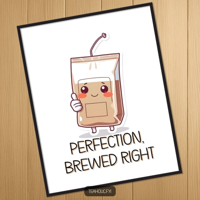 Funny digital art print of a happy tea bag character giving a thumbs up, perfect for instant humorous wall decor.