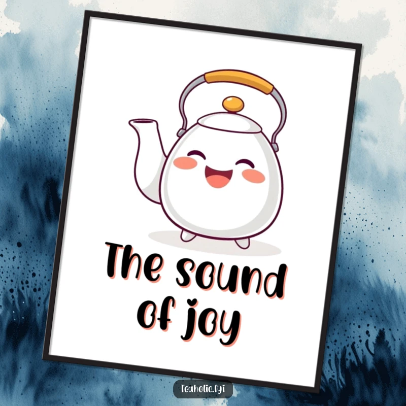 Funny tea kettle digital art print of a happy whistling character, instant download for a funny gift.