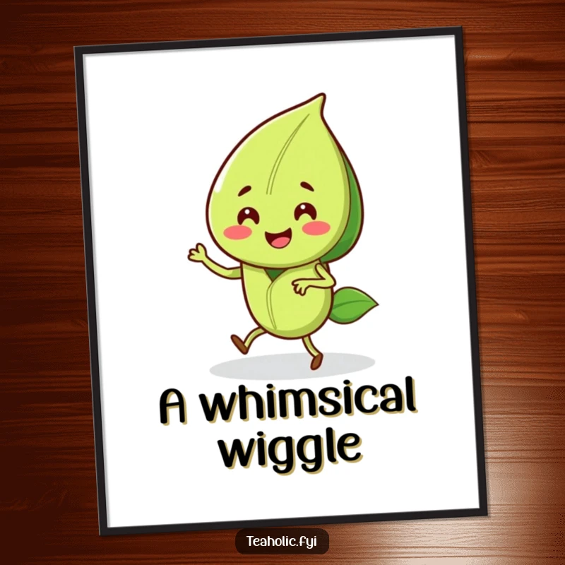 Funny digital art print of a smiling tea leaf character performing an energetic jig, full of life and humor.