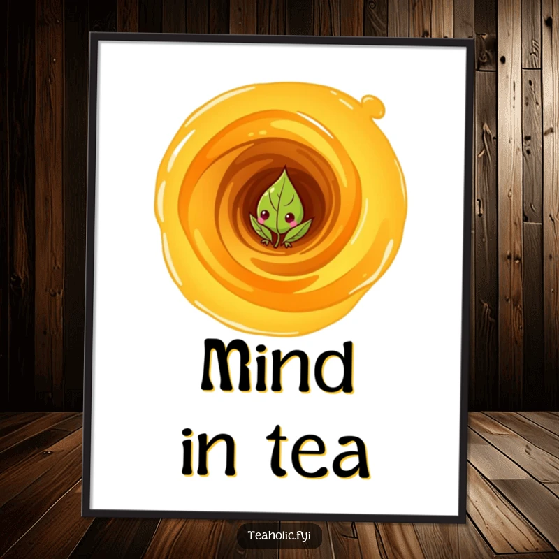Funny Digital Art Print: Curious tea leaf character peeking from a swirling vortex of tea, for intriguing spaces.