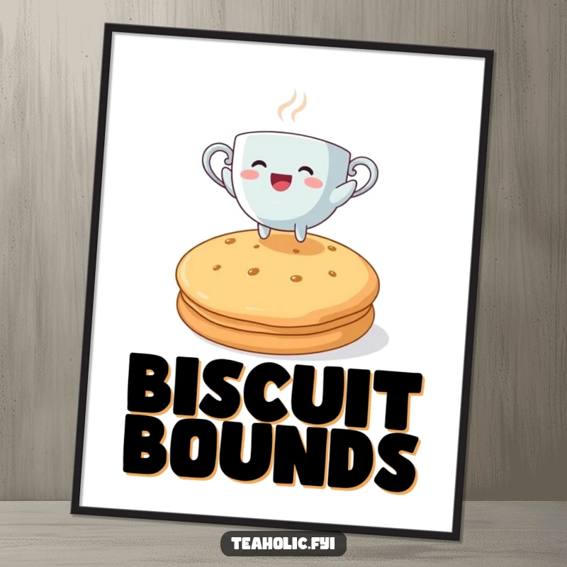 Funny steaming teacup character joyfully leaping over a giant biscuit, a digital art print for cheerful decor.