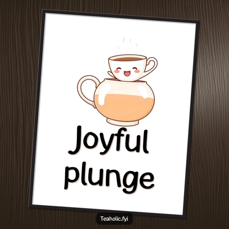 Funny digital art print of a cheerful teacup character leaping into a teapot, perfect for adding a splash of humor and energy.