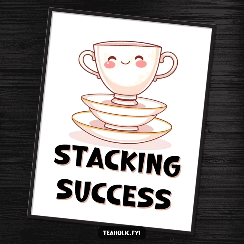 Funny Digital Art Print: Cheerful teacup character balancing on delicate saucers, instant whimsical decor.