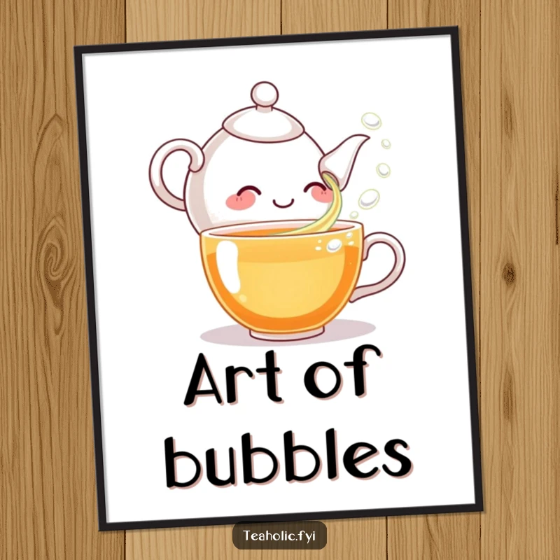 Funny digital art print of a giggling teapot character pouring tea bubbles, a whimsical and humorous piece for instant wall decor.