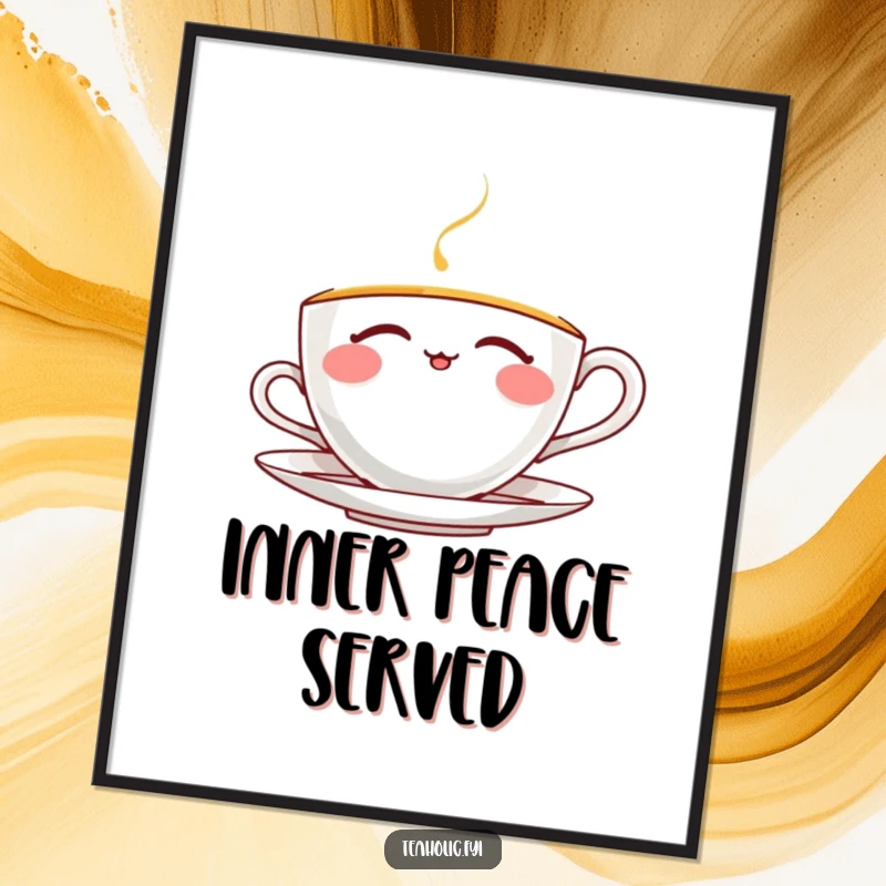 Funny thrilled teacup digital art print showing a character joyfully sipping tea with closed eyes, bringing instant cheer to any digital display.