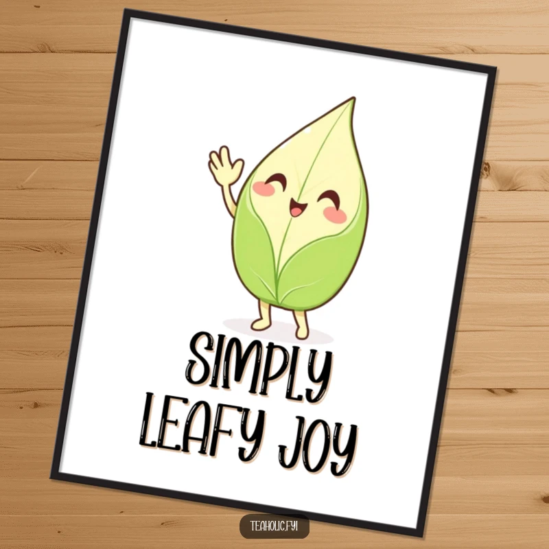 Funny waving tea leaf digital art, a smiling character enthusiastically waving hello, printable wall art for a cheerful and humorous touch.