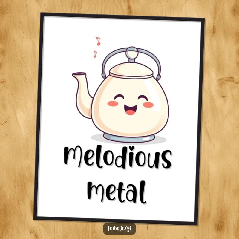 Funny digital art of a smiling tea kettle whistling a happy tune, bringing instant cheer and melody.