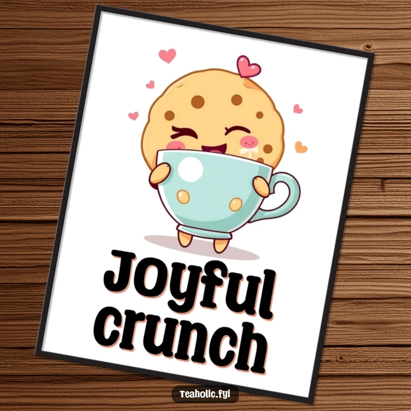 Funny cookie digital art print of a cookie character giving a playful wink, holding a teacup overflowing with visible, pure joy.