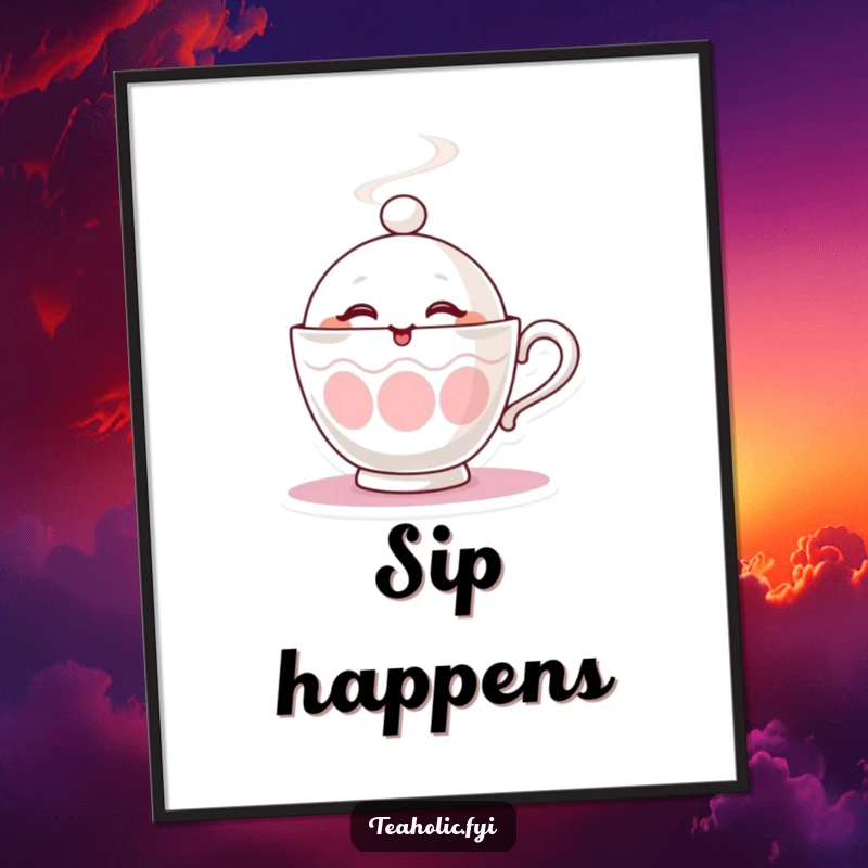 Funny digital art print of a steaming teacup character winking playfully, radiating warmth and cheerful energy.
