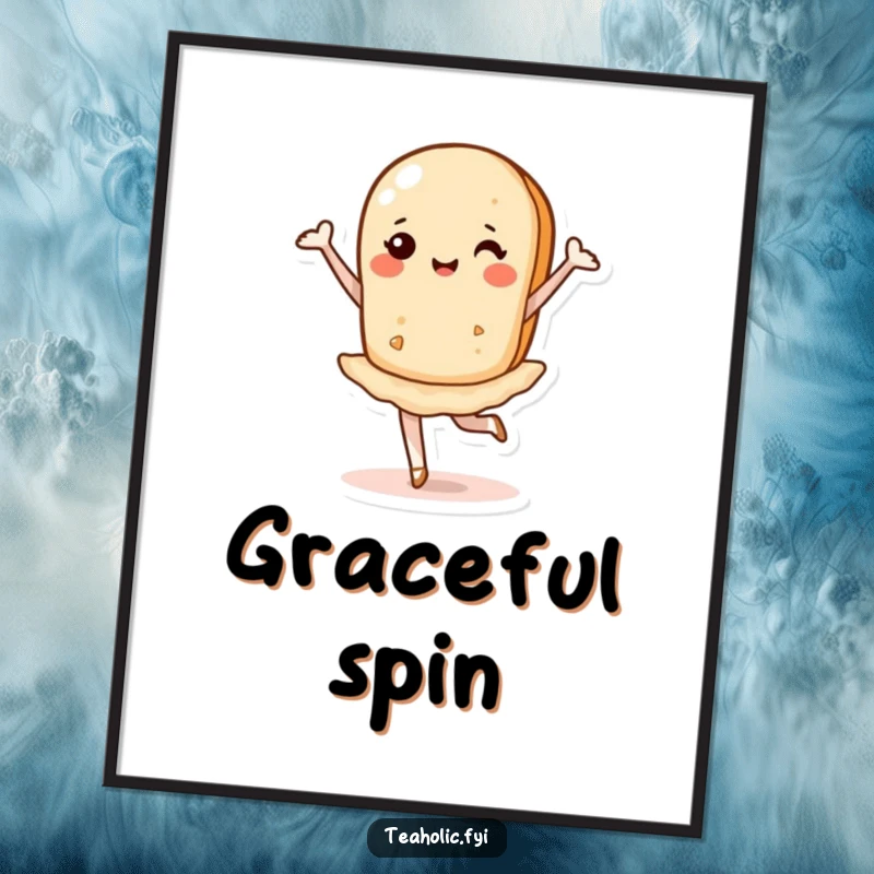 Funny digital art print of a tea biscuit pirouetting gracefully, perfect for immediate download and vibrant decor.