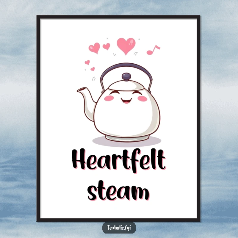 Funny grinning tea kettle whistling with heart steam, digital art print, creating a warm and joyful atmosphere.