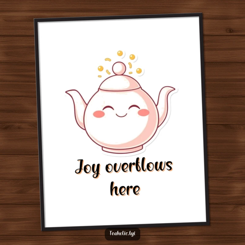 Funny digital art print of a smiling teapot overflowing with pure joy, radiating warmth and cheerful happiness.