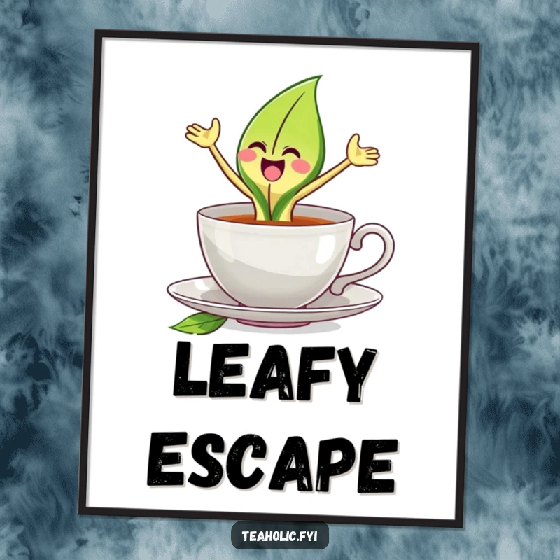 Funny tea leaf digital art print of a joyful tea leaf character leaping from a teacup, creating an energetic atmosphere.