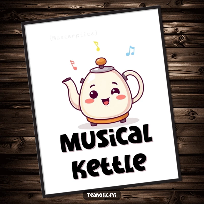 Funny digital art print of a smiling kettle character whistling a cheerful tune, ready to download and display.