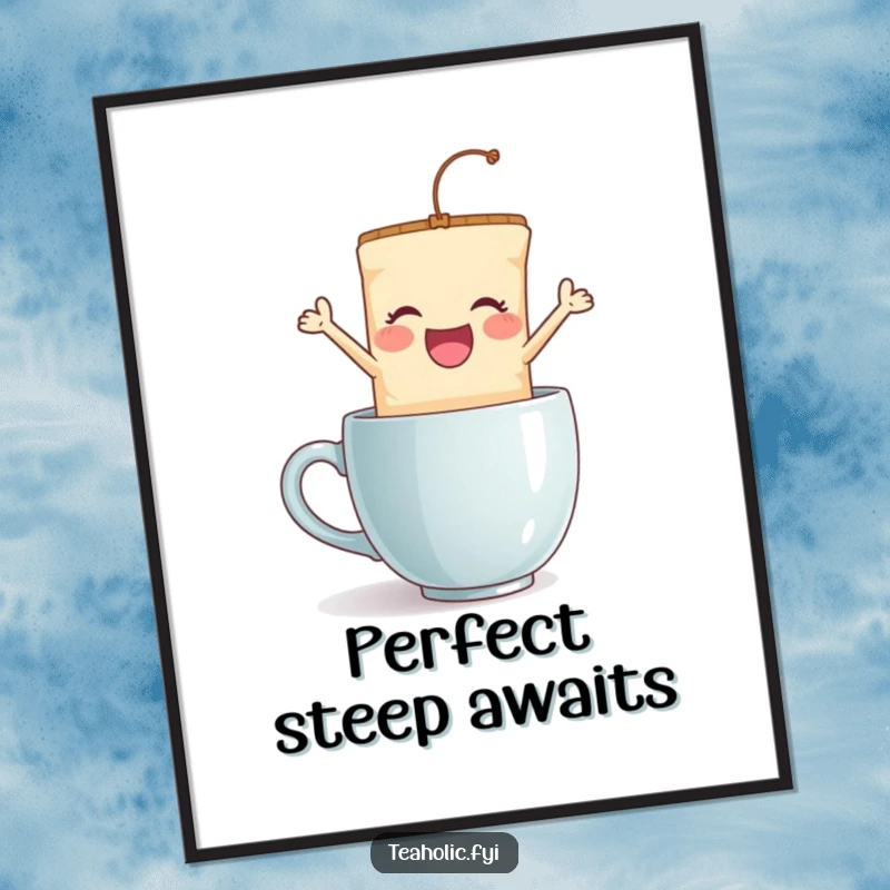 Funny tea bag jump digital art, a delighted character joyfully leaping into a mug, printable wall art for a humorous and energetic feel.