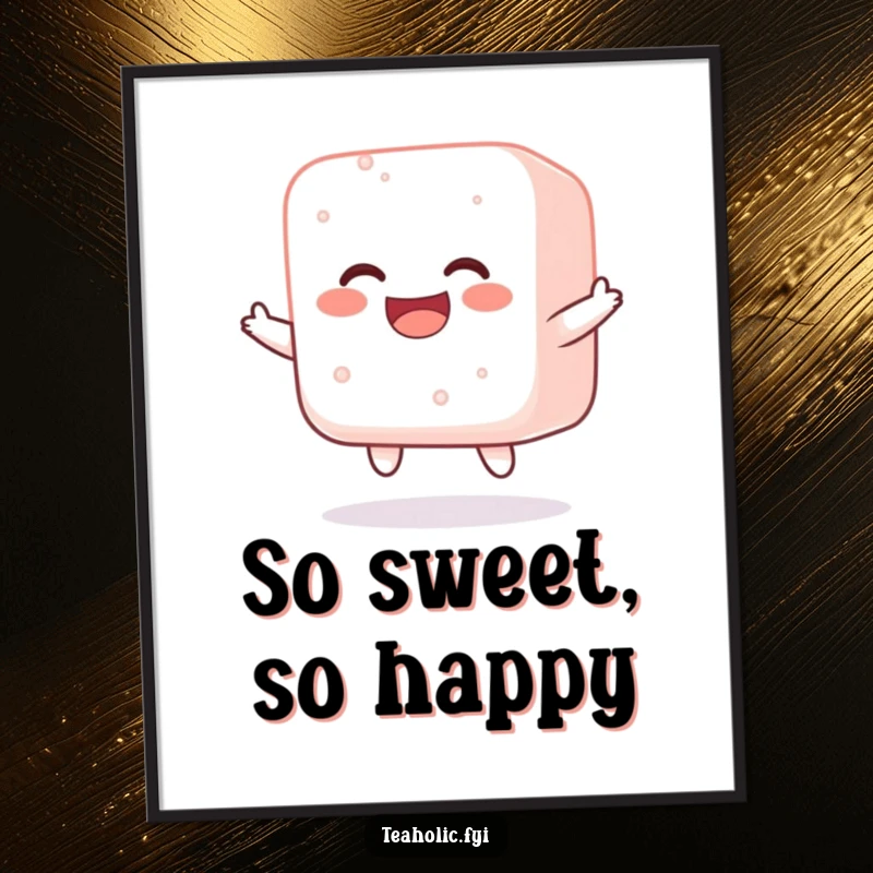 Funny digital art print of a jolly sugar cube bouncing with pure happiness, radiating sweet energy and joy.