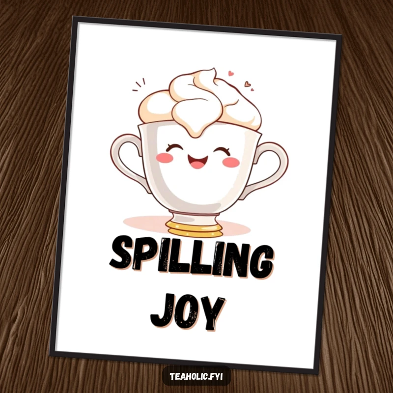Funny digital art print of a gleeful teacup character smiling while spilling frothy tea, perfect for cheerful digital displays.