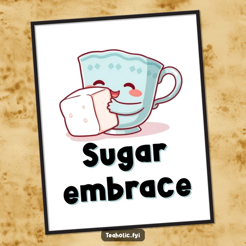Funny teacup digital art print, character comically hugging sugar cube, instant download, perfect funny gift.