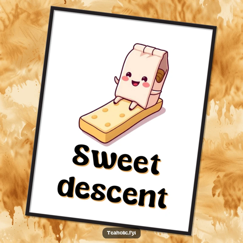 Funny tea bag digital art print, character sliding down sugary biscuit slide, instant download, perfect funny gift.