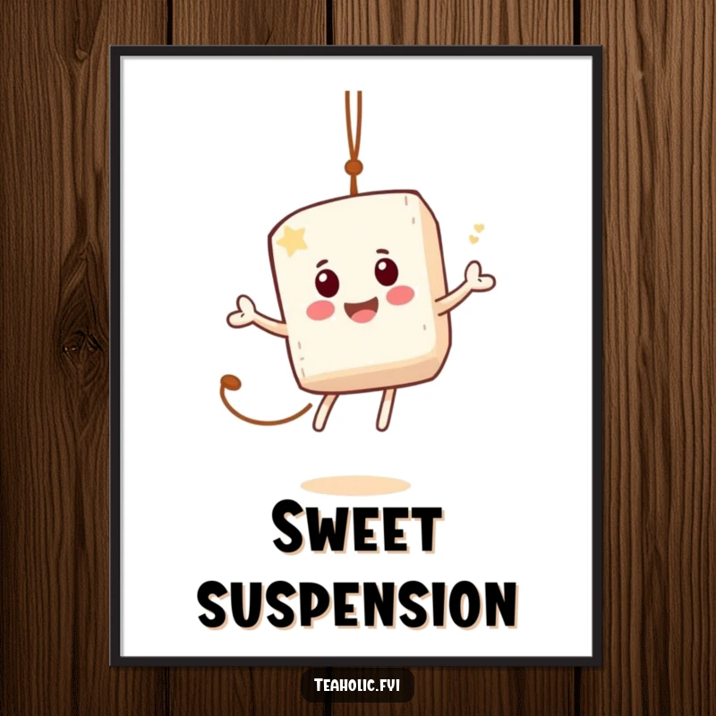 Funny digital art print of a jovial sugar cube character bouncing on a tea bag string, perfect for sweet digital displays.