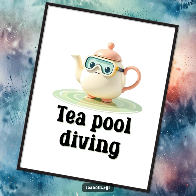 Funny teapot digital art print, character snorkeling in tea pool, instant download, perfect funny gift.