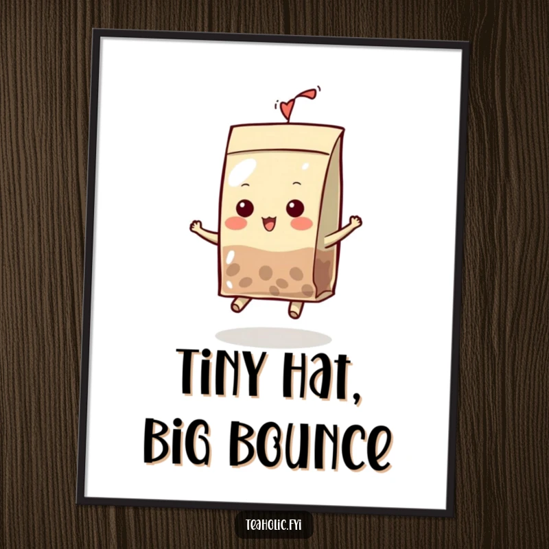 Funny Digital Art Print of a tea bag character in a hat, joyfully bouncing with infectious energy, ideal for cheerful digital displays.