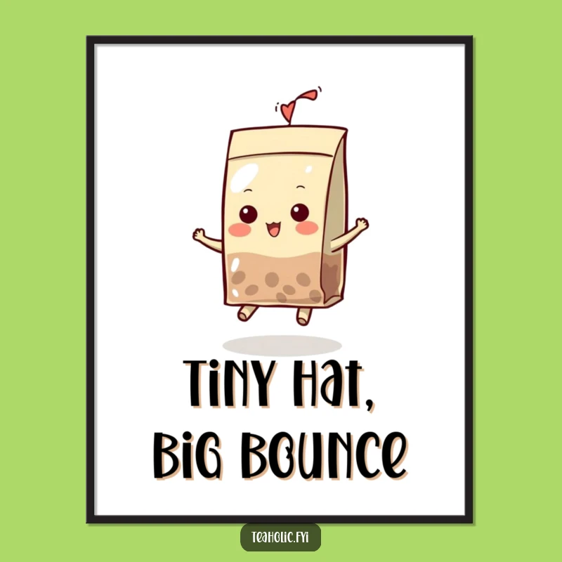 Funny Tea Bag Character Art Print: Bouncing Joyful Design, Framable Humorous Gift