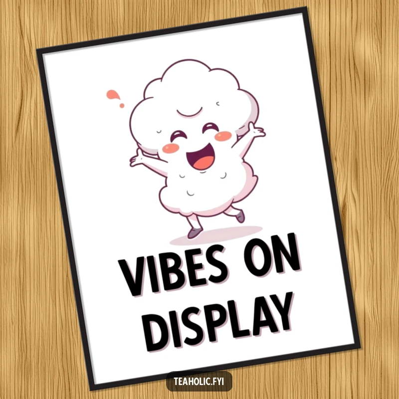 Funny steam cloud character captured mid-happy dance, presented as a colorful digital art print for immediate humorous wall decoration.