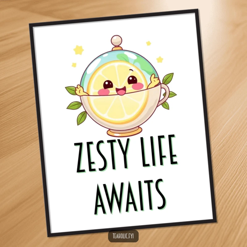 Funny digital art print of a joyful lemon slice character zipping around a teacup globe, bringing zest and vibrant humor.