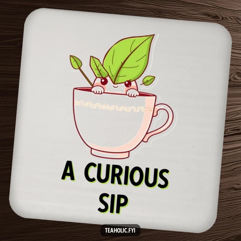 Funny drink coaster with a curious tea leaf character peeking over a teacup rim, offering playful surface protection.