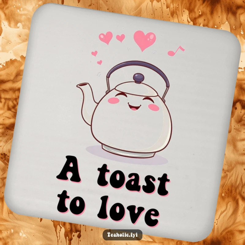 Funny tea kettle whistling with heart steam, drink coaster, adding a cozy and cheerful element to any table setting.