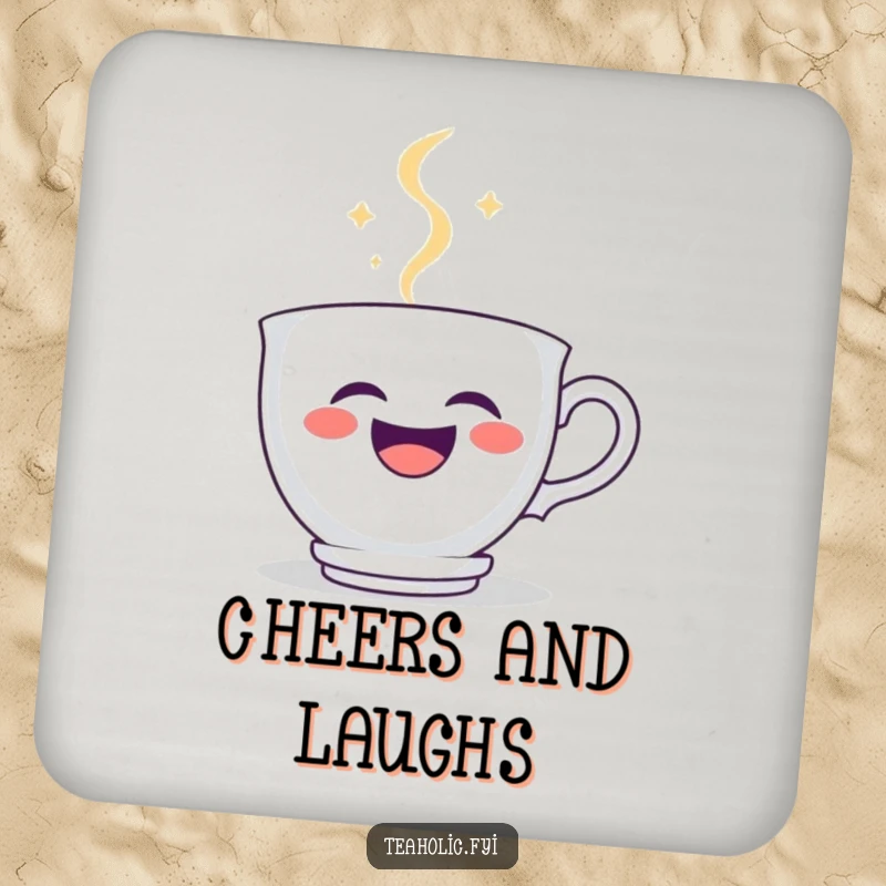 Funny teacup coaster showing a laughing teacup character with steam forming a happy smiley face, adding humor to tabletops.