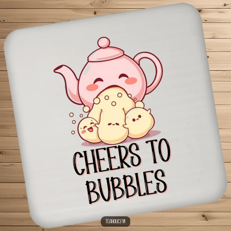 Funny coaster featuring a giggling teapot character pouring a stream of bubble-like characters, protecting surfaces.