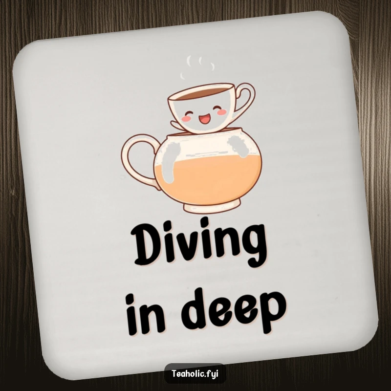 Funny drink coaster featuring a cheerful teacup character jumping into a teapot, adding dynamic humor to your table setting.