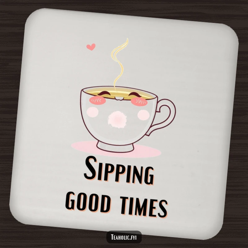 Funny blushing teacup character eagerly sipping from a stream of steaming tea, printed on a protective drink coaster.