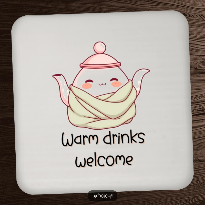 Funny cozy teapot coaster featuring a contented teapot character wrapped in a blanket, providing protection and a warm, humorous aesthetic.