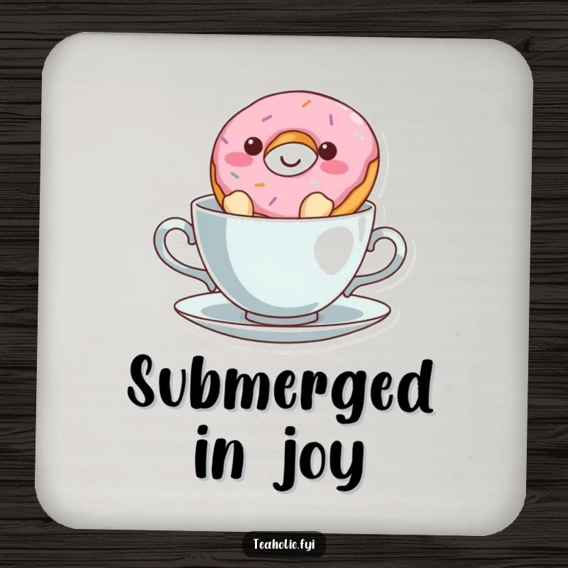 Funny donut character floating in a teacup on a drink coaster, a humorous and protective accessory.