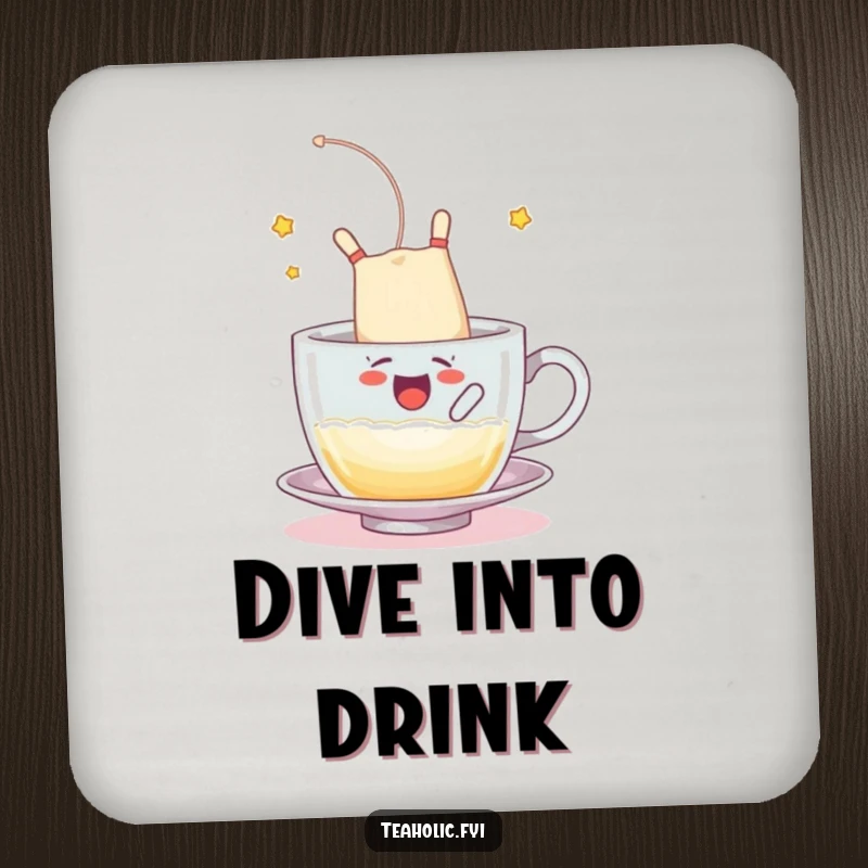 Funny drink coaster with a tea bag character somersaulting into a frothy cup, a practical funny gift.