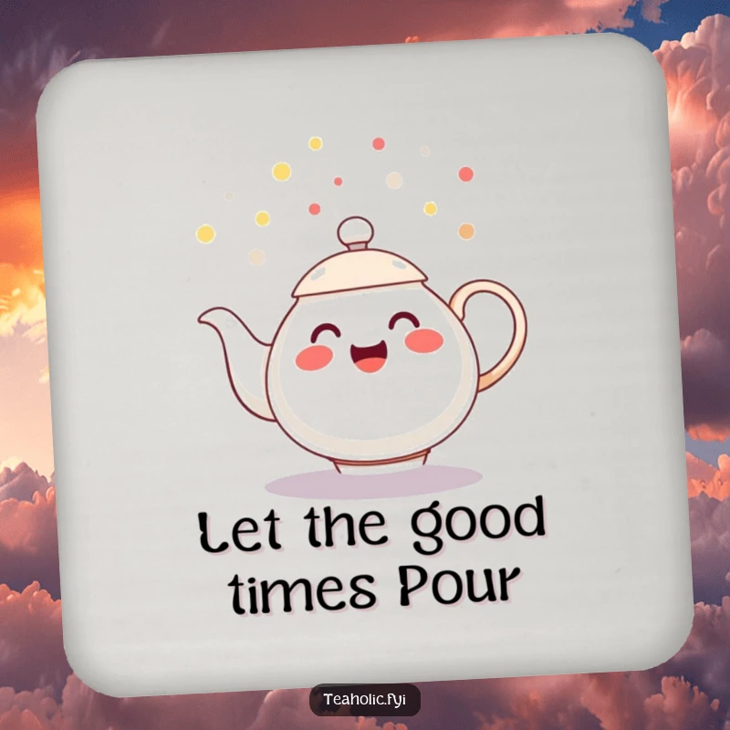 Funny drink coaster with a cheerful teapot character spilling playful tea droplets like confetti, a practical funny gift.
