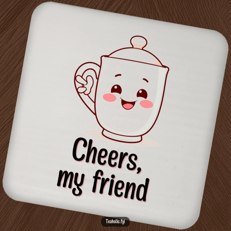 Funny drink coaster with a smiling mug character waving its handle, a practical funny gift.